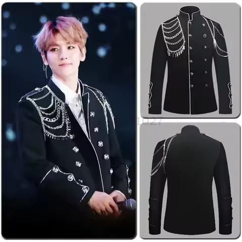 New Men's Fashion Military Gothic Punk Jacket Steampunk Metal Chains Double Breasted Stand Collar Singer Show Prom Costume Homme