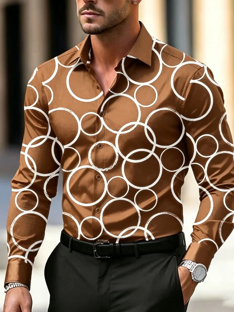 Men's geometric circle printed long sleeved shirt, slim fit lapel trendy shirt, European and American street party casual top