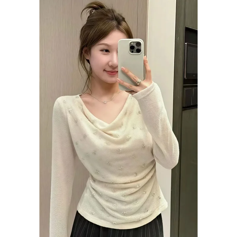 

Осенний вязаный топ с высокой эластичностью талии и воротником-стойкой, создающий ощущение легкой роскоши, для носки поверх одежды