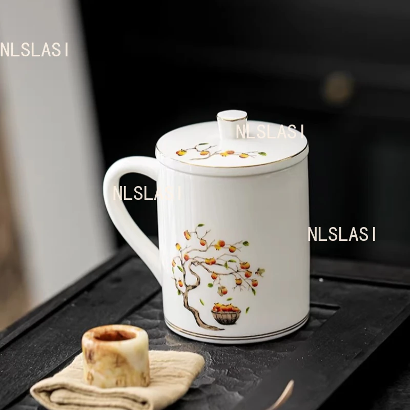 400ml Sheep Fat Jade Tea Cup White Porcelain Mug with Lid Ceramic Chinese Style Office Cup Household Tea Cup Drinking Utensils