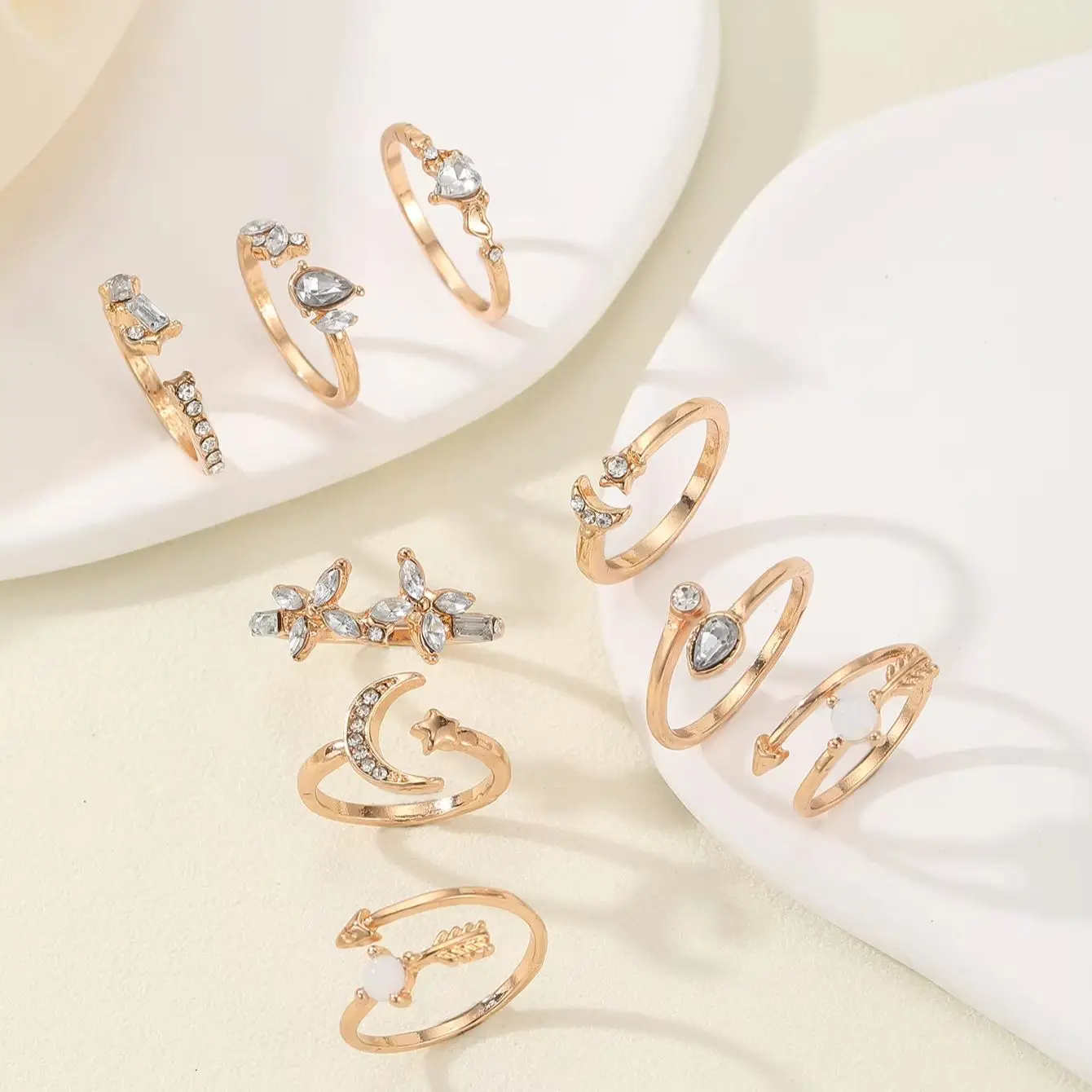 9PCS Retro Fashion Sweet Shining Water Diamond Stackable Men's and Women's Ring Set, Suitable for Men's and Women's Fashion Part