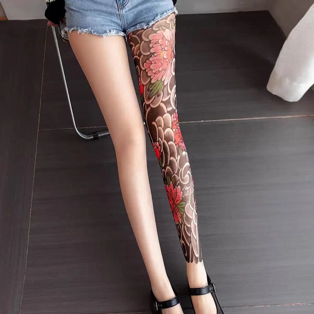 Sexy Printed Tights Fake Tattoo Peony Pantyhose Female Perspective Leggings High Pantyhose Personalized Beauty Leg Stockings