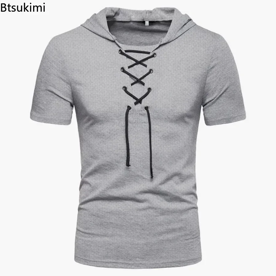 2026 Hooded Short Sleeve T Shirt Men Sportswear Shirts Streetwear Lace-up Breathable Casual Summer Top for Male Homme Top Tees