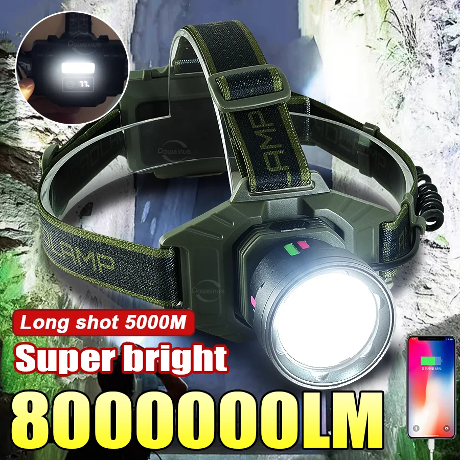 8000000LM Super Bright Headlamp Rechargeable Zoomable  Waterproof Headlamp Hand Free Head Light Fishing Head Flashlight