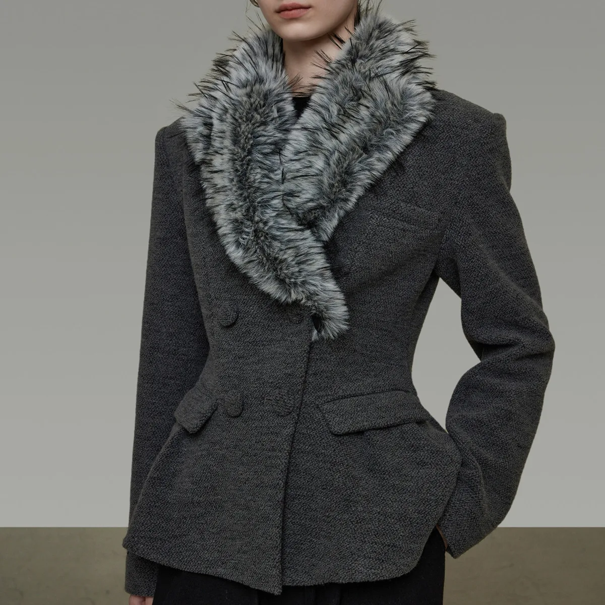 IG Women Grey Double Breasted Peplum Hem Contrast Shawl Collar Tailored Blazer, Flap Pockets, Winter Elegant Commute Outerwear