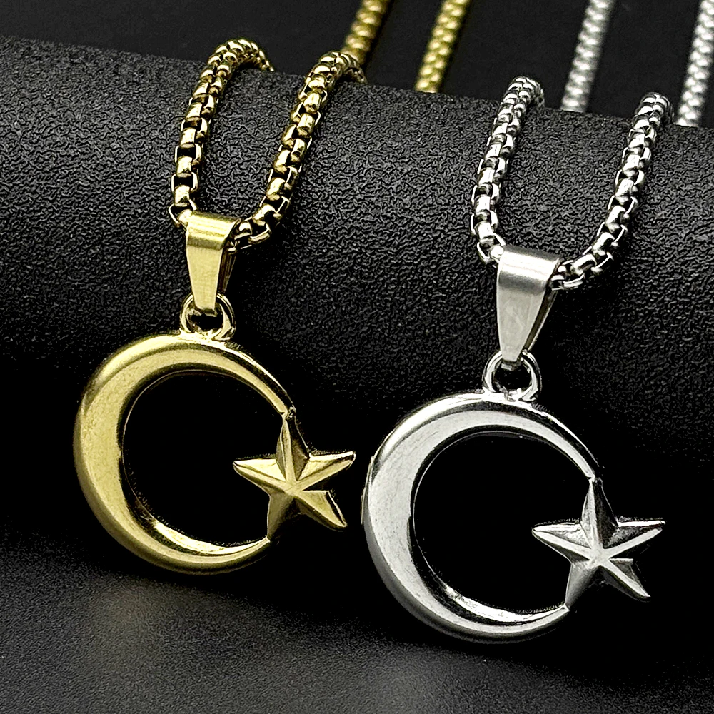 Muslimische Islamische Halbmond-Stern-Halskette aus Edelstahl für Damen und Herren, Vergoldeter Anhänger, Amulett-Schmuck, Geschenk