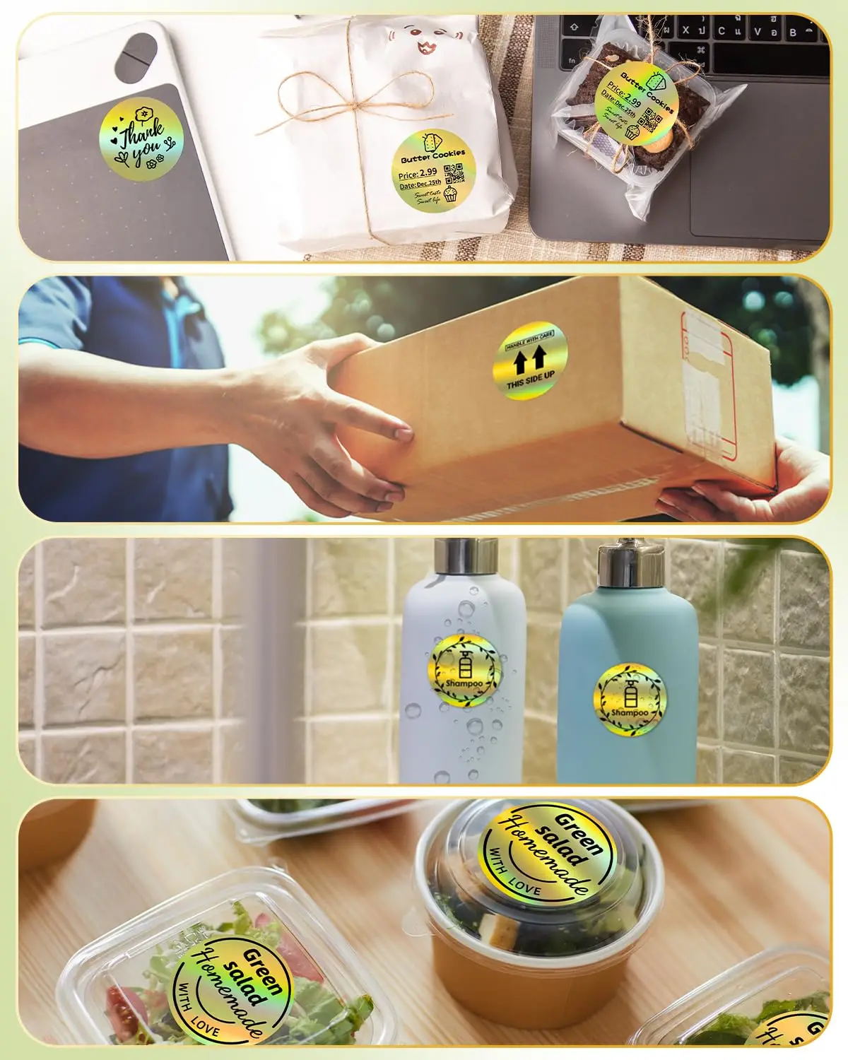 Shiny Gold Laser Adhesive Labels - Durable Waterproof Stickers for Gift & Retail Branding