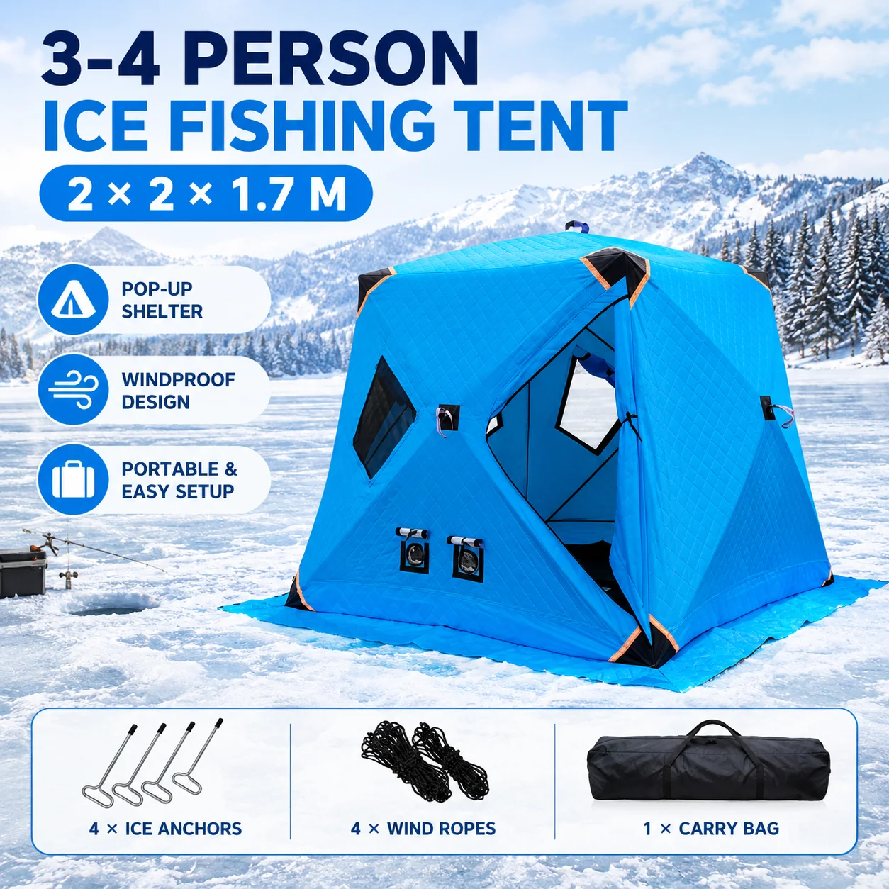 3-4 Person Pop-Up Ice Fishing Tent, Portable Windproof Winter Shelter, Hexagon Ice Shanty for Outdoor Fishing & Camping