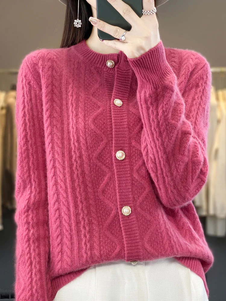 New Autumn Winter Thick Sweater For Women 100% Merino Wool Cardigan O-Neck Long Sleeve Twist Flower Warm Cashmere Knitwear Tops