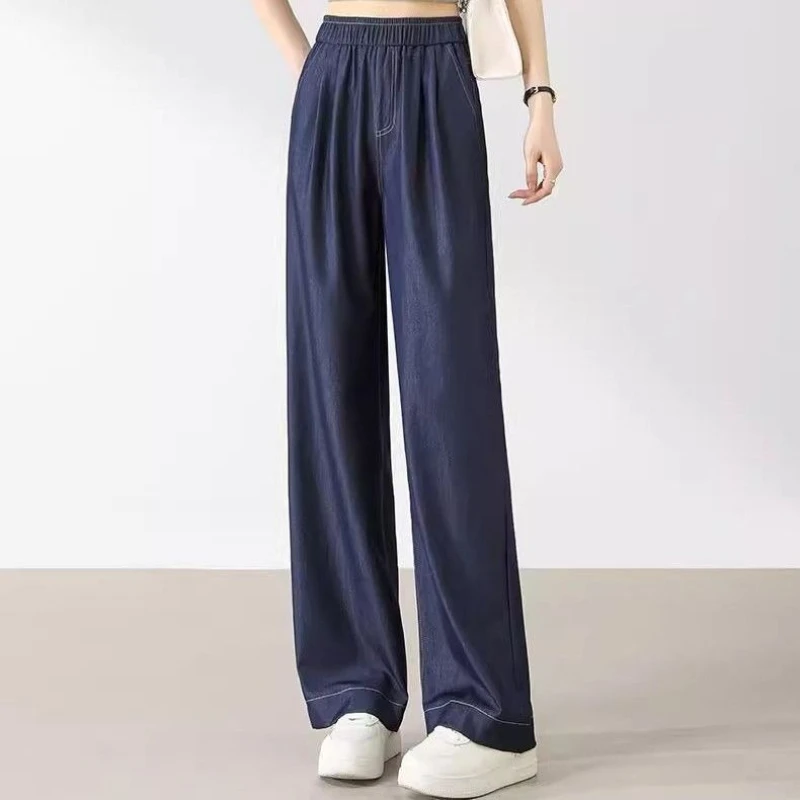 

Women's Dark Blue Denim Pants Summer Thin Baggy Jeans 2026 Fashion Loose Elastic Waist Wide Leg Trousers for Petite Women