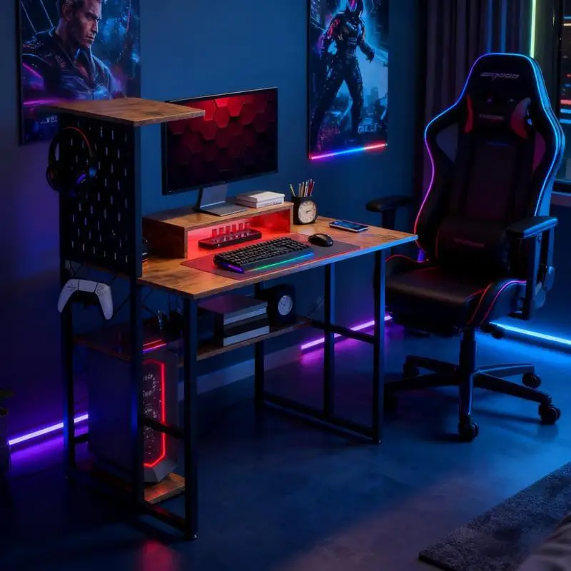 

Computer Desk with Power Outlets & LED Lights for Home & Office Use