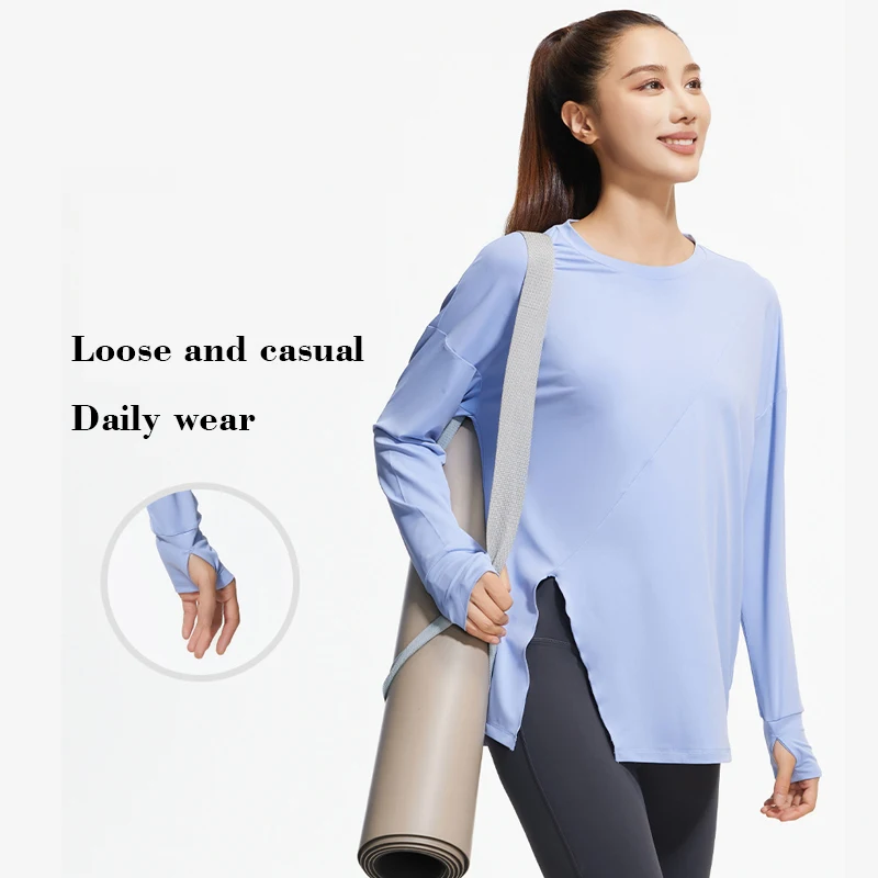 PN&NP U Neck Front Slit Yoga Top Women's Long Sleeve Breathable T-Shirt Lightweight Loose Quick Drying Pilates Fitness Cover Up