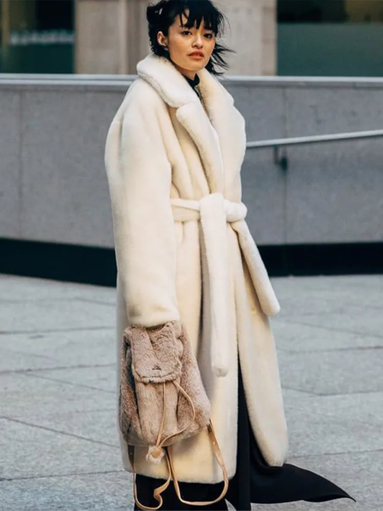 

Women Chic Lace Up Faux Fur Coat Elegant Lapel Full Sleeve Fluffy Loose Warm Long Jacket Lady Winter Daily High Street Outerwear