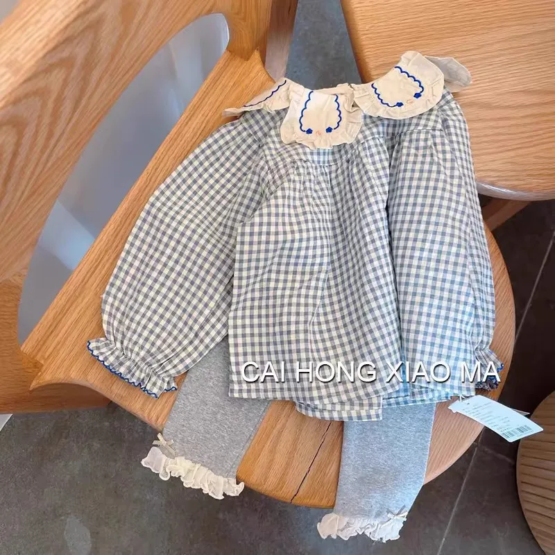 Blue Checkered Shirt Spring New Korean Fashion Cute Bubble Sleeve Blue Checkered Doll Shirt Kids Clothes Girls