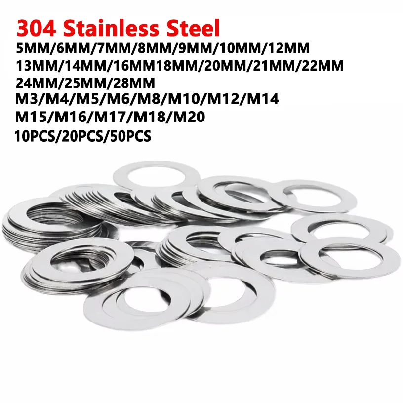 10/20/50 Pieces/set 304 Stainless Steel Ultra-Thin Flat Washers M3 M4 M5 M6 M8 M10 M12 M14 Standard Washers 0.1/ 0.2/ 0.3 Mm