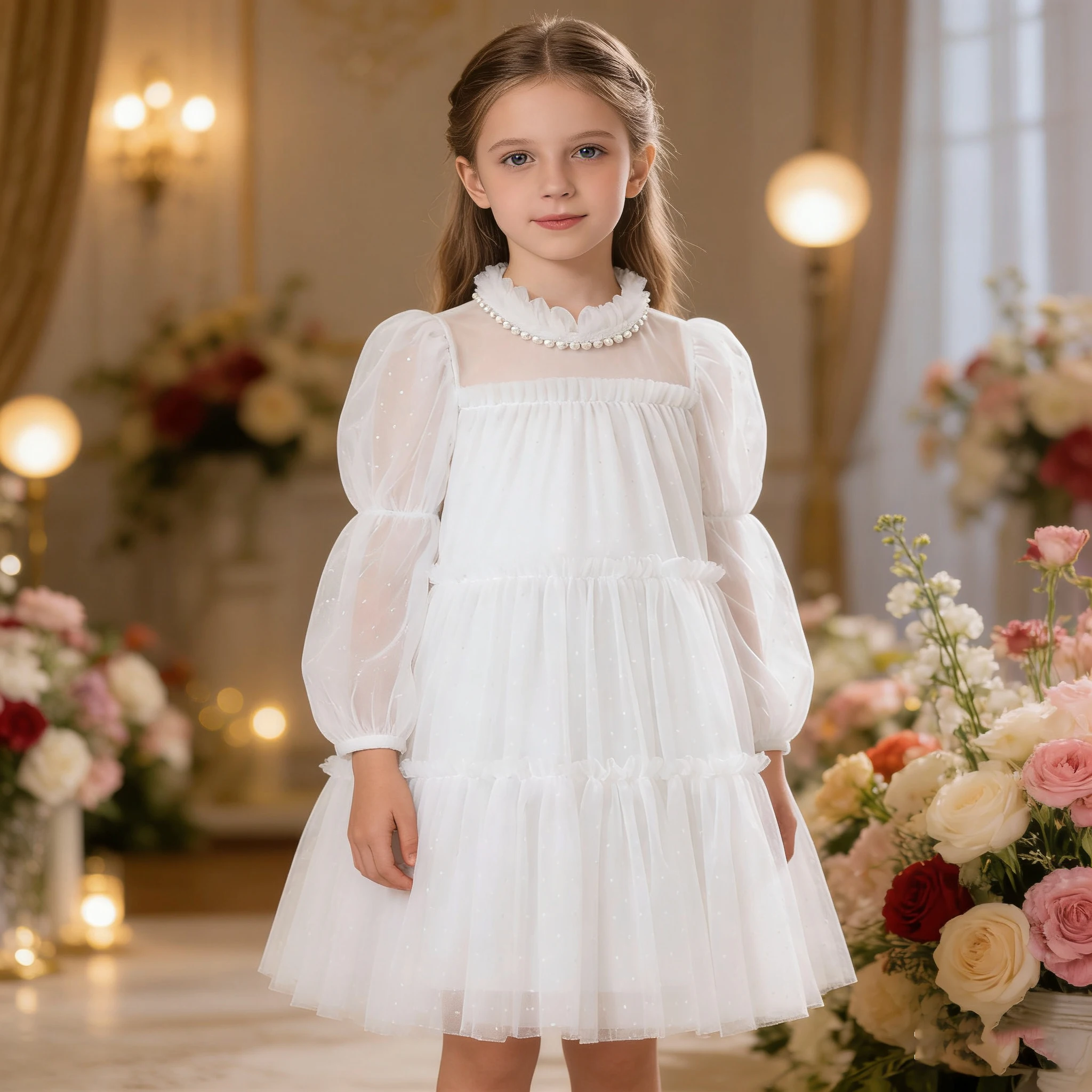 

Girl Princess Dress 3 4 5 6 7years Round Collar Long Sleeves Baby Party Dress with Pearl Mesh Elegant dress for girl Children