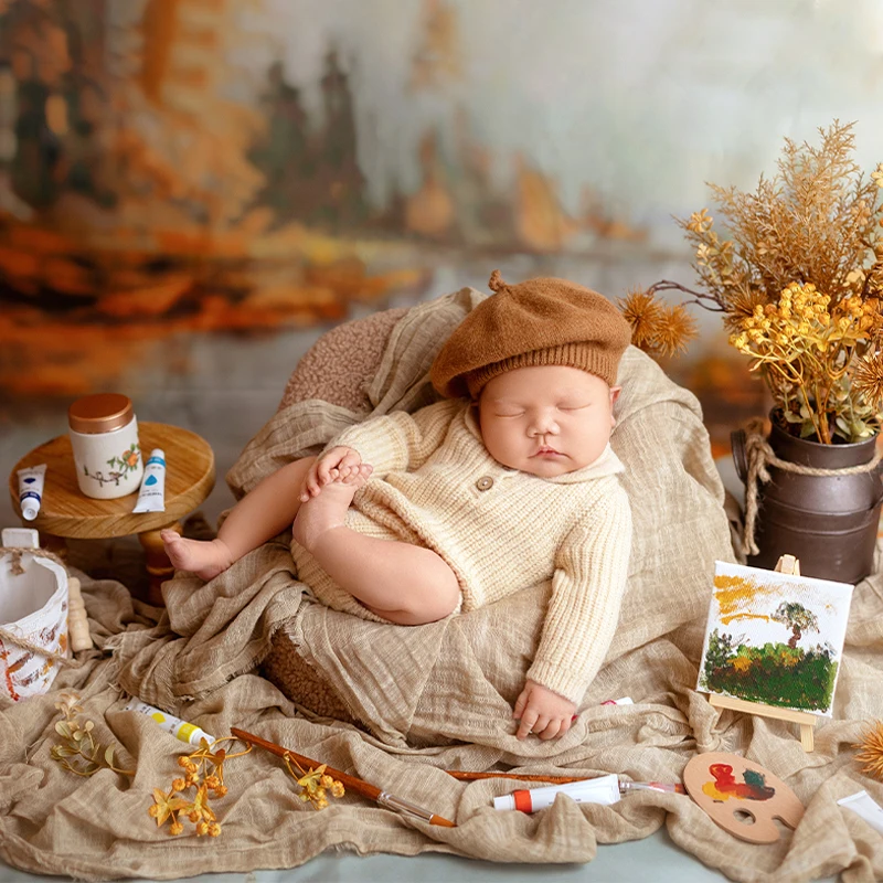 

Newborn Photography Oil Painting Theme Baby Knitted Jumpsuit+Beret+Nano Background +Simulated Flowers&Vase Kid Photography Props