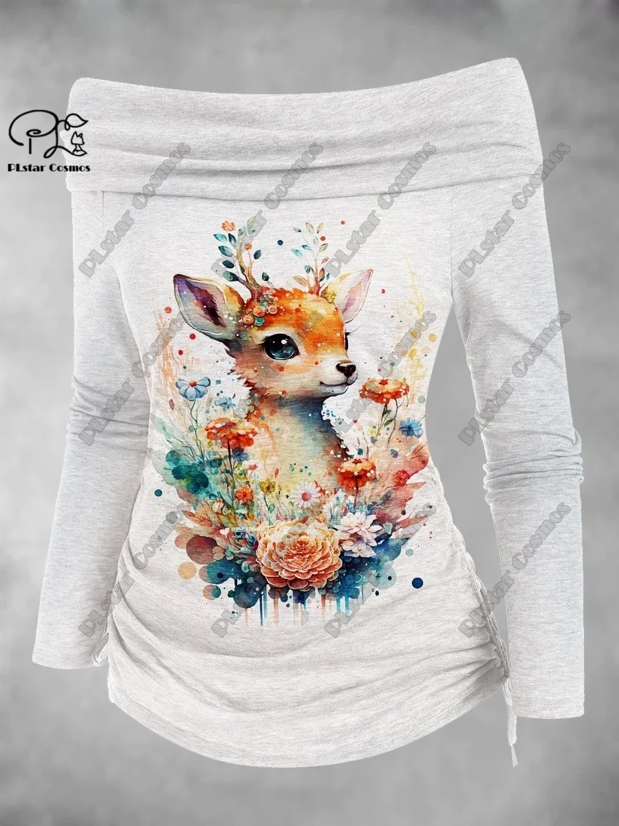 3D printed animal series cute frog squirrel turtle x pattern printed off-shoulder pleated tight T-shirt women's casual top