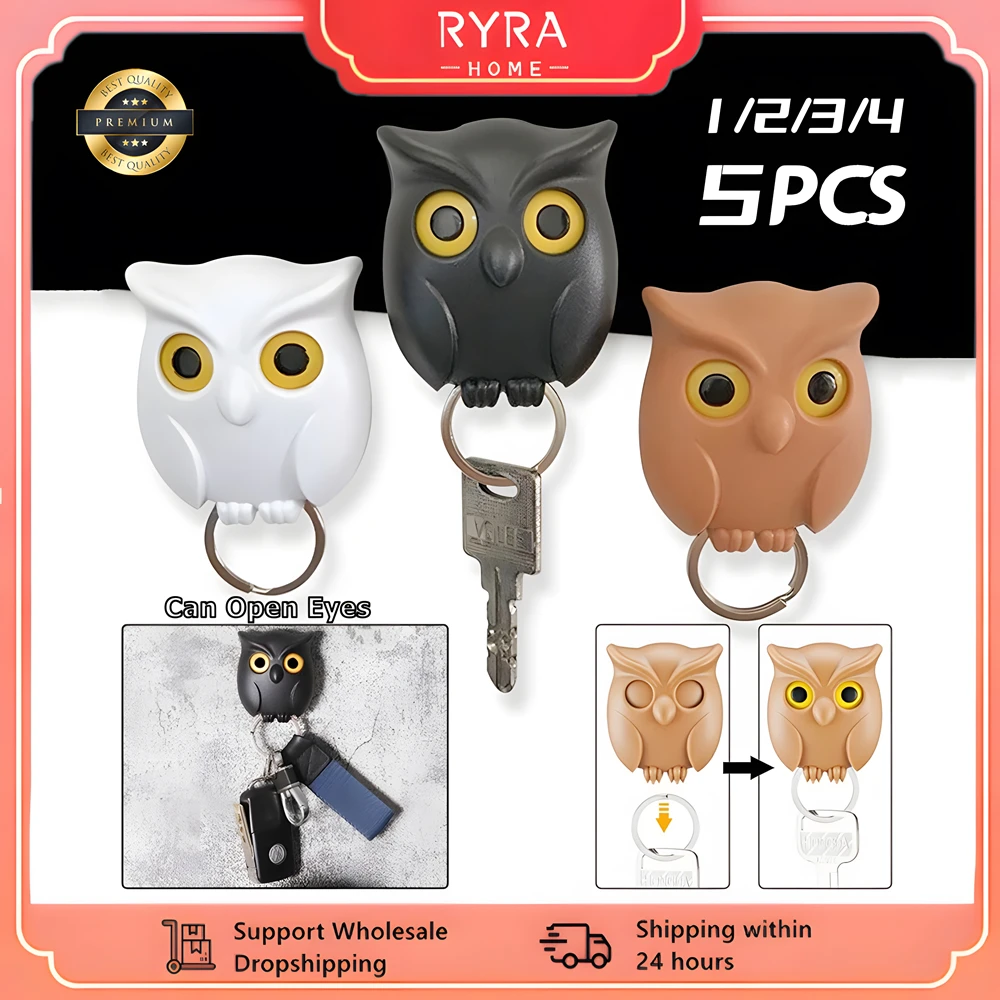 1/5pcs Scary Night Owl Magnetic Key Hooks Adhesive Hold Keychain Key Hanger Will Open Eyes Wall Decorative Hook For Kitchen Home