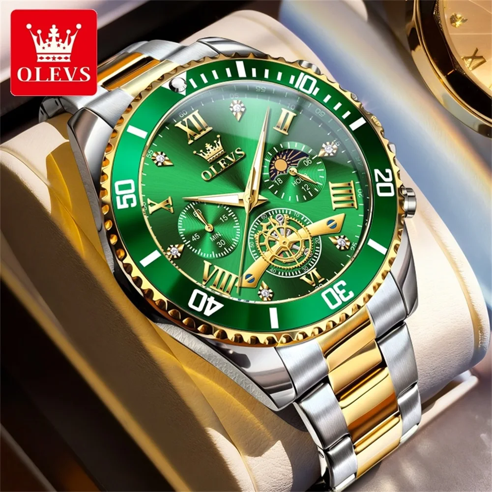 OLEVS New Quartz Watches for Man Stainless Steel Moon Phase Diving Series Flywheel Design Chronograph Luxury Men's Watches 3732