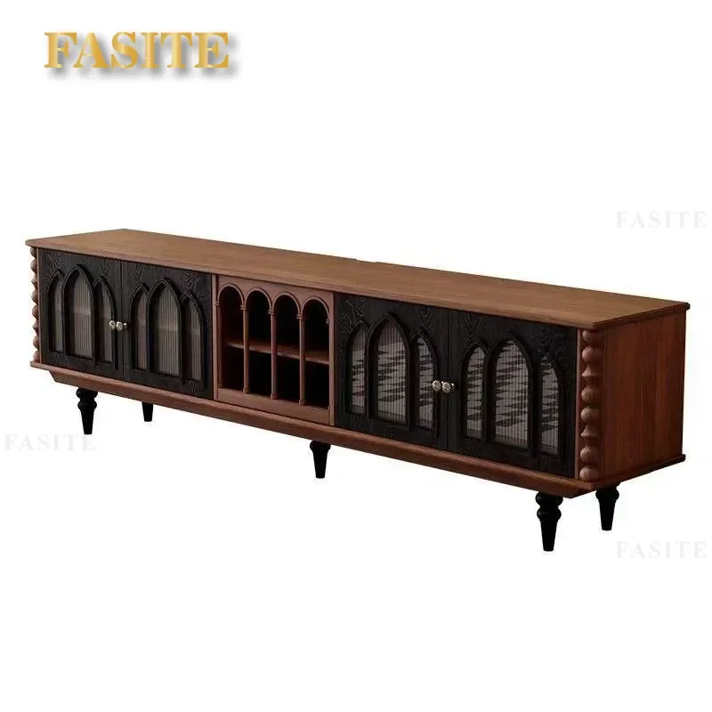 French Retro Solid Wood TV Stand American Medieval Style Living Room Floor Cabinet Coffee Table Combo Wall Storage Unit