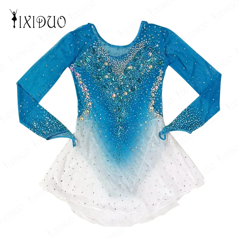 Blue Womens Rhinestone Figure Ice Skating Dress Gymnastics Leotard Dress Long Sleeve Mesh Splice Competition Dance Costume