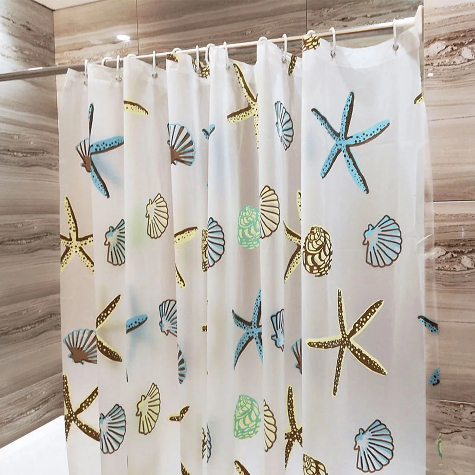 1pc Starfish Conch Printed Shower Curtain with Metal Grommets, Ocean Plastic Bath Curtain with Hooks, Bathroom Decor Accessories