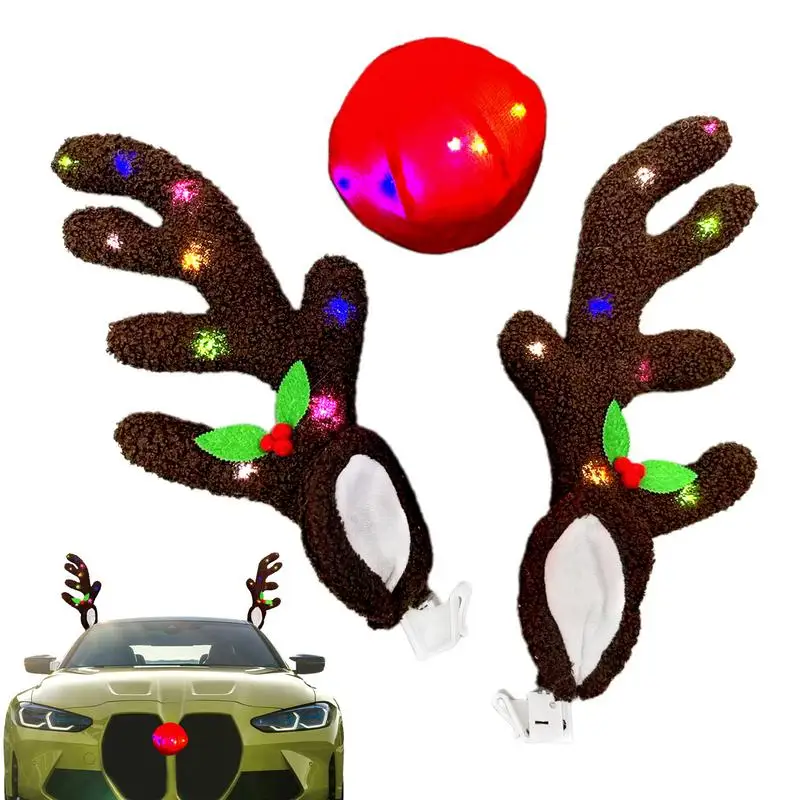 Car Christmas Reindeer Antler Decorations Creative LED Reindeer Car Kit Cute Vehicle Decorations Car Costume Accessories for