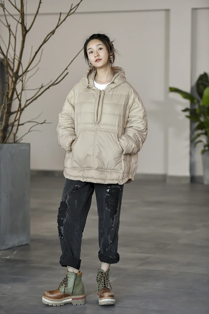 Winter Solid Half Zip Hooded Down Jacket Female Lightweight Pocket Parka Outwears Women White Duck Down Warm Jackets Overcoat
