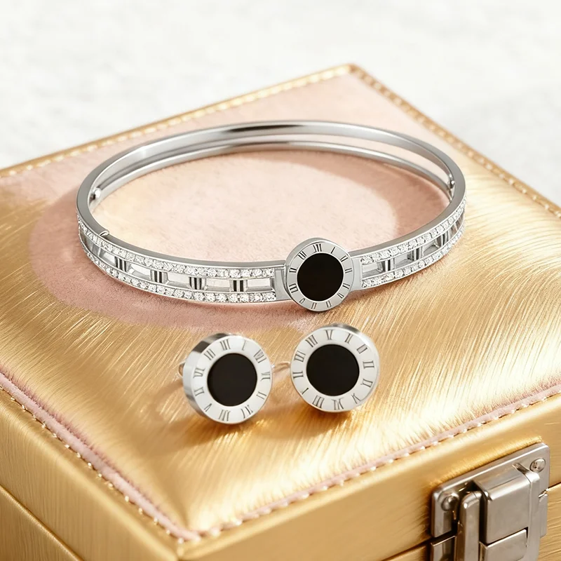 مجموعة مجوهرات نسائية بأرقام رومانية - سوار وأقراط من العقيق الأسود، مجوهرات فاخرة ذات لون ذهبي للحفلات والهدايا