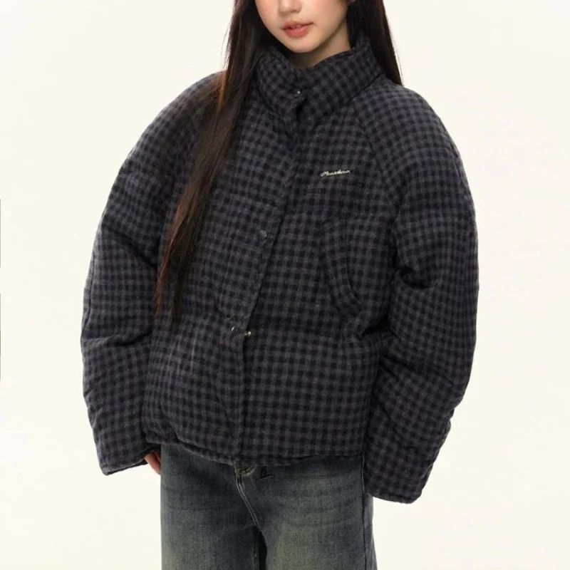 Damska luźna kurtka zimowa typu chlebak, odzież damska, koreańska krótka kurtka w kratę, ocieplana watą.