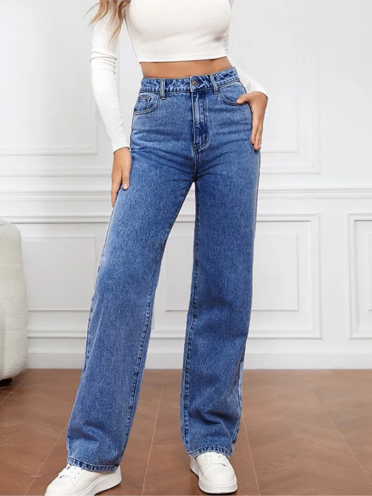 Fashion Trendy Solid Color Washed Denim Pants Women Simple Style All-match Straight Trousers Female Commuting Clothing 2024 New