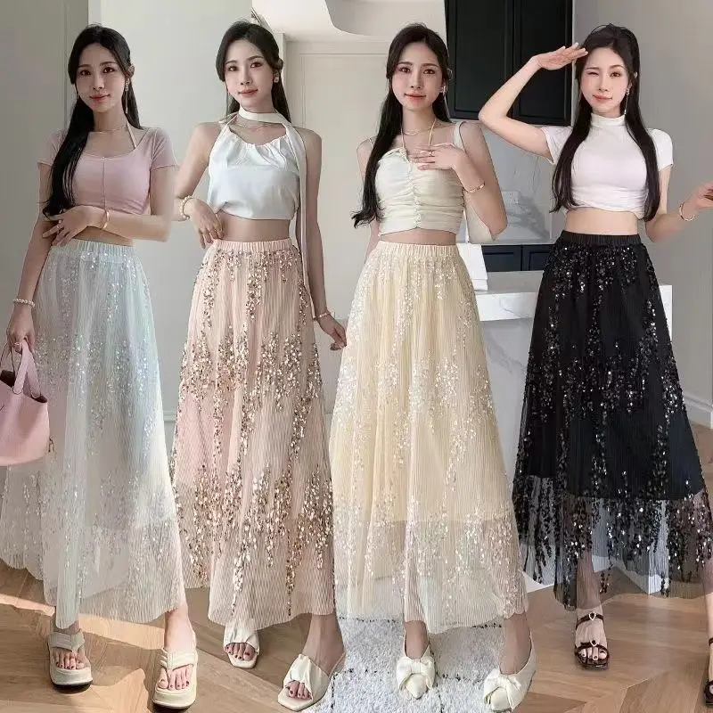 

Расширенная сетка 2025 года, новая полуюбка для тяжелой промышленности, женская модная свободная утягивающая блестящая модная длинная юбка с высокой талией