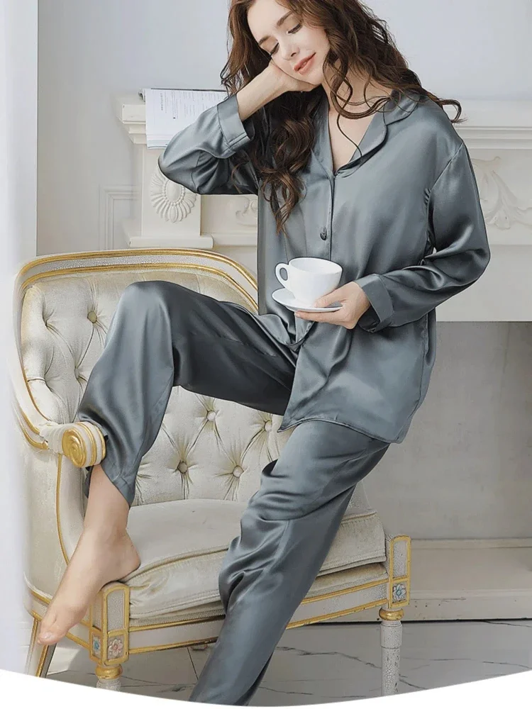 High-end Luxury 100% Silk Homewear Sets Spring and Autumn Women Pajama Sets Long Sleeve Long Pants Large-size Ladies Room Wear