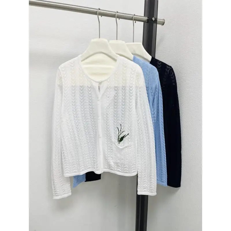 

26 Spring New Elegant Lily-of-the-valley Embroidered Round Neck Hollow Thin Slim-fit Slimming Knitted Cardigan For Women