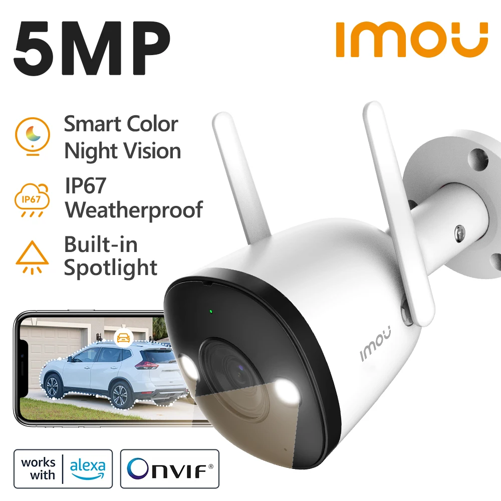 מצלמת IMOU Bullet 2E 5MP 3K עם פוקוס מובנה, מצלמת WiFi מלאה בצבע, מצלמת אבטחה לבית עמידה במים IP67 לזיהוי אדם