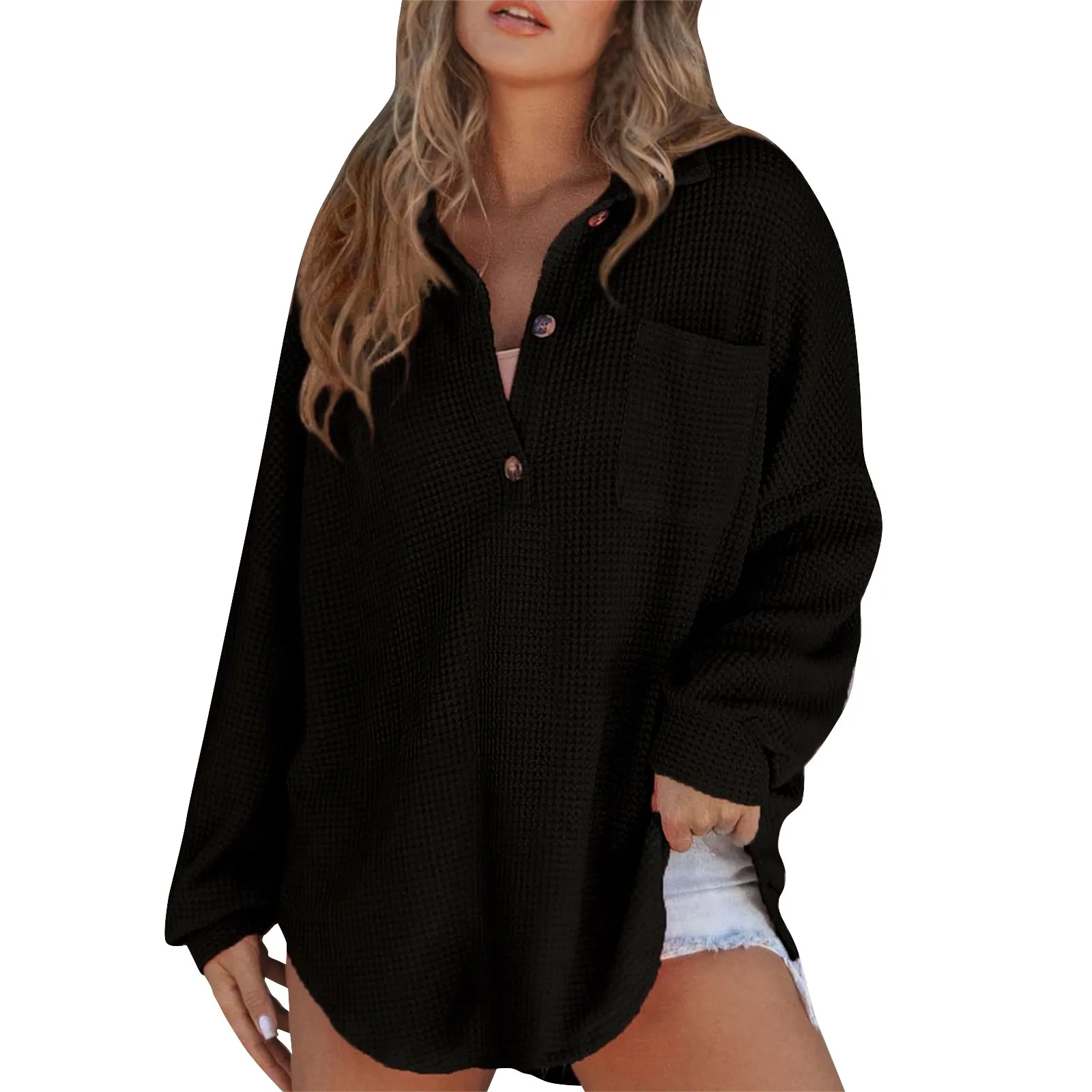 Women Walf Cheks Knit Top Shirts Long Sleeve V Neck Solid Color Casual Tunics Tops Woman Clothing Youthful Casual Women Sweaters