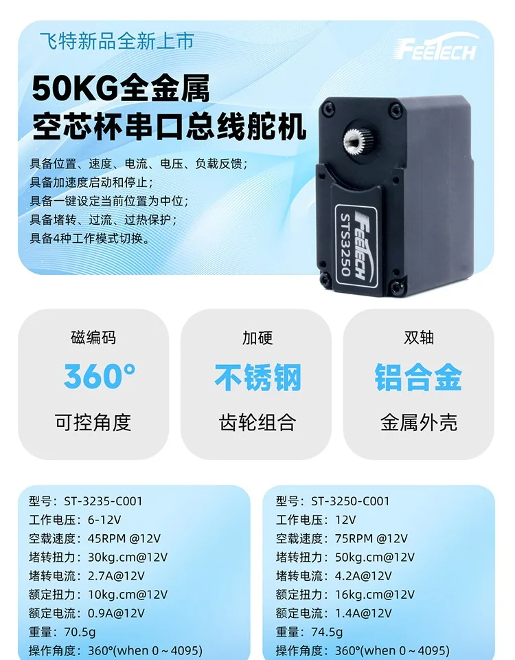 Feetech STS3250 12V 50KG Magnetyczny Enkoder Podwójny Wał TTL Serwo Bezrdzeniowy Silnik Aluminiowa Obudowa 360 Stopni Szeregowy Bus Inteligentne Serwo