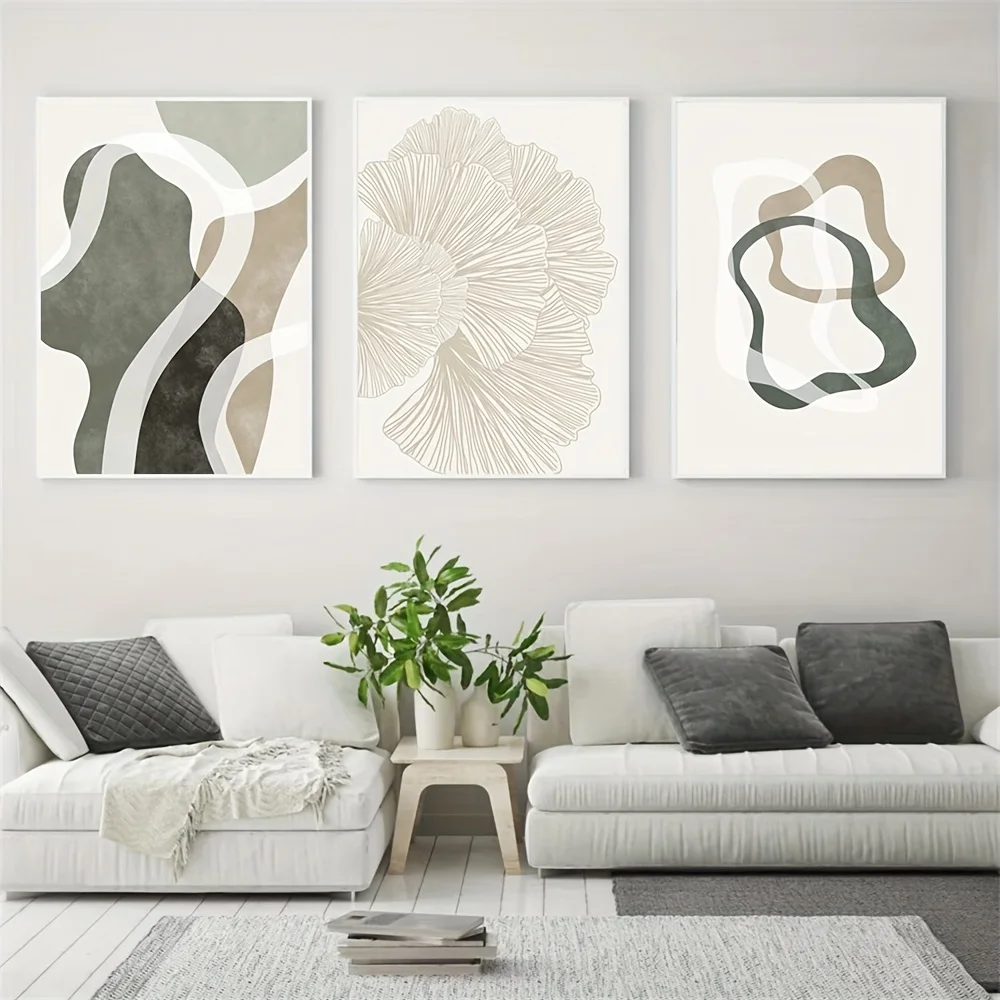 Set of 3 unframed abstract ginkgo leaves canvas paintings - bohemian beige and green line art, modern minimalist wall decor.