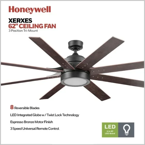 Honeywell Ceiling Fans Xerxes, 62 Inch Contemporary LED Ceiling Fan with Light and Remote Control, 8 Blades with Dual Finish