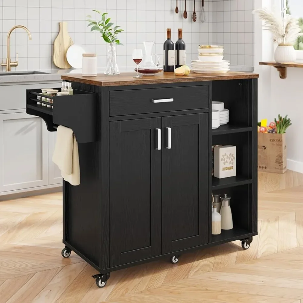 

Kitchen Island with Pantry, Drawer-type Open Shelves, Double Door Kitchen Trolley for Kitchen, Rolling Kitchen Island on Wheels