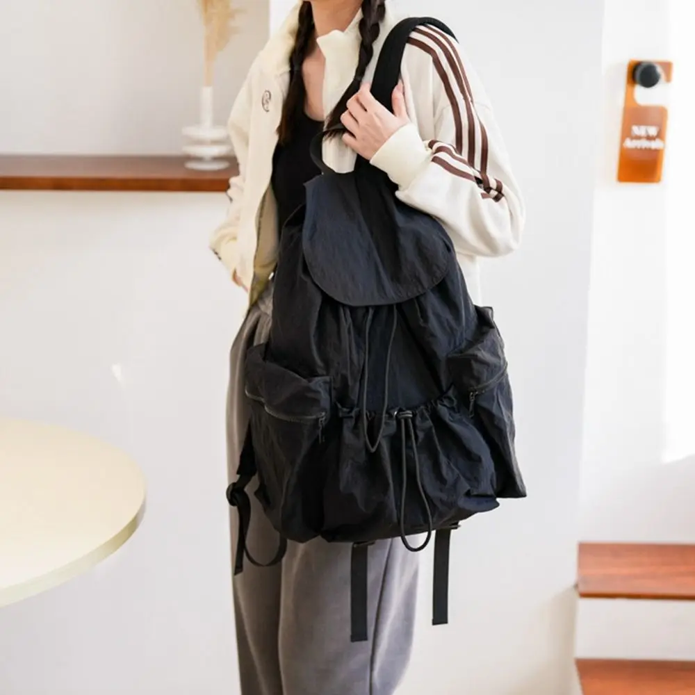 

Sweet Korean Style Drawstring Backpack Large Capacity Fold Light Soft Nylon Bag Tote Bag Solid Color Shoulder Bag Women