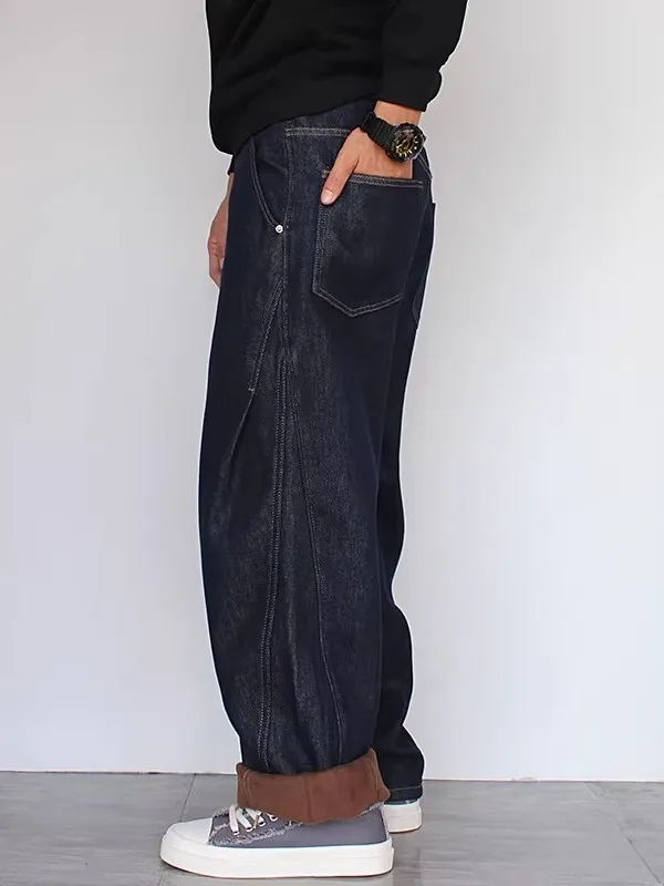 

Men's Fce Lined Thiened Wide Leg Jeans Autumn Winter New Sle Retro Loose Long Trousers Casual Wear Durable Denim Pants