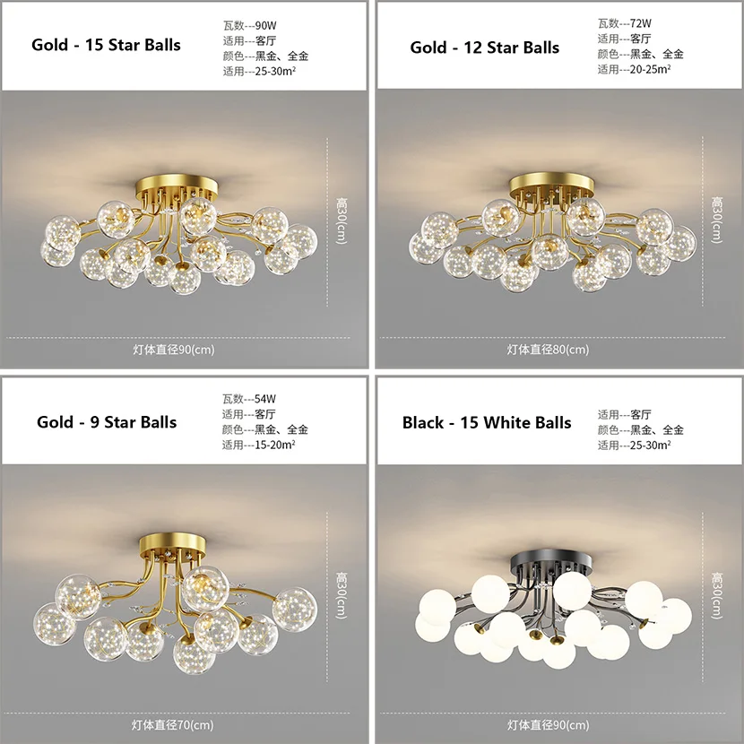 SANDYHA New LED Black Gold Chandeliers Clear Star Milk White Glass Ball Ceiling Lamp with Crystal Live Room Decor Pendant Lights