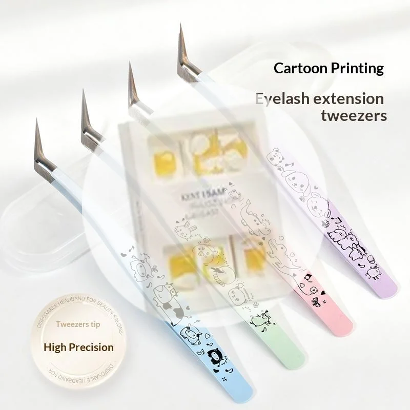 (HG) Pinzas para pestañas postizas con estampado de dibujos animados, pinzas para extensión de pestañas 3D profesionales curvadas de acero inoxidable, herramientas de maquillaje
