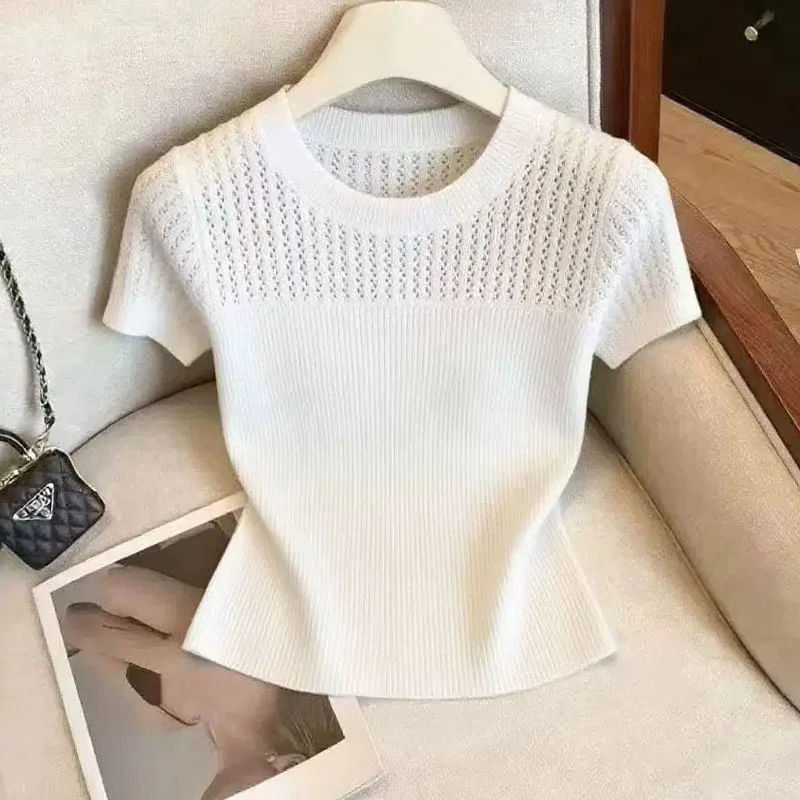 Gestrickter Pullover für Damen, Neuer Sommer O-Ausschnitt Aushöhlung Sueter Feminino Kurzarm Strickpullover Damen Oberteile Q5129