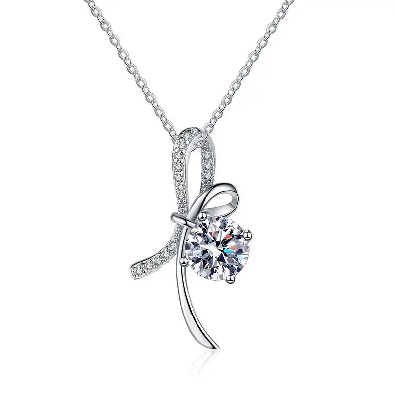 

Luxury Fashion s925 Sterling Silver Platinum D Color 1 Carat Moissanite Diamond Elegant Bowknot Pendant Necklace For Women Gift