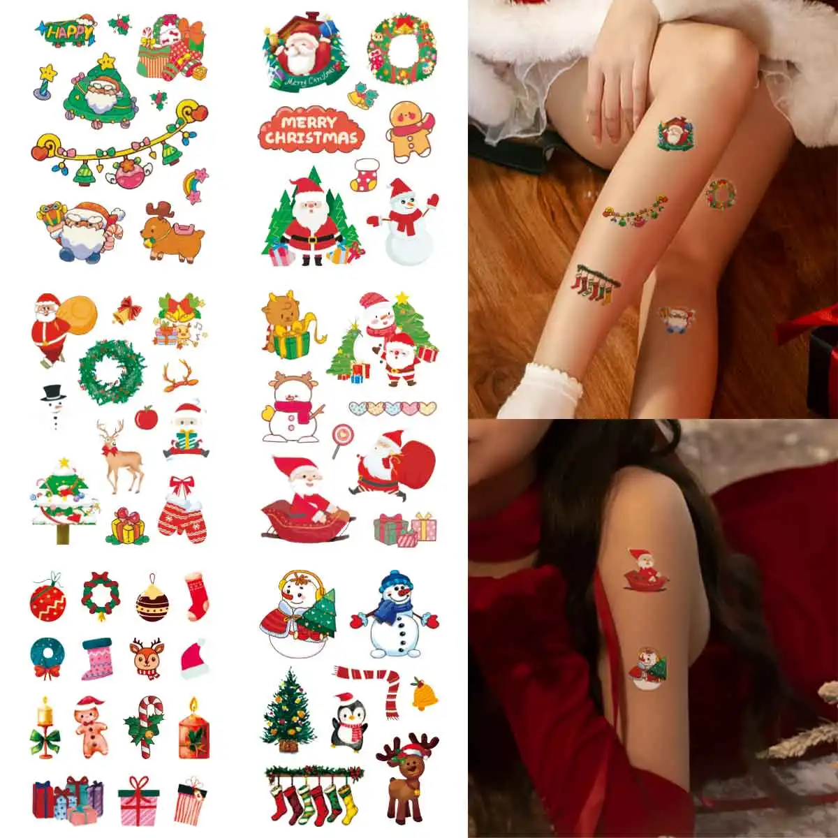 

6pcs Sweet Cute Christmas Tattoo Stickers Lovely Cartoon Christmas Snowman Fake Tattoo Women Men Body DIY Decoration Sticker ﻿