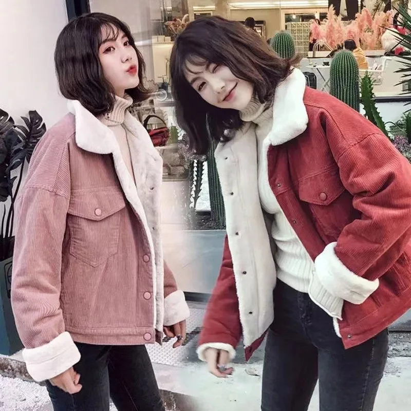 

New Korean Style Corduroy Coat Women's Clothing Fleece-lined Thickened plus Size Loose Versatile Short Coat
