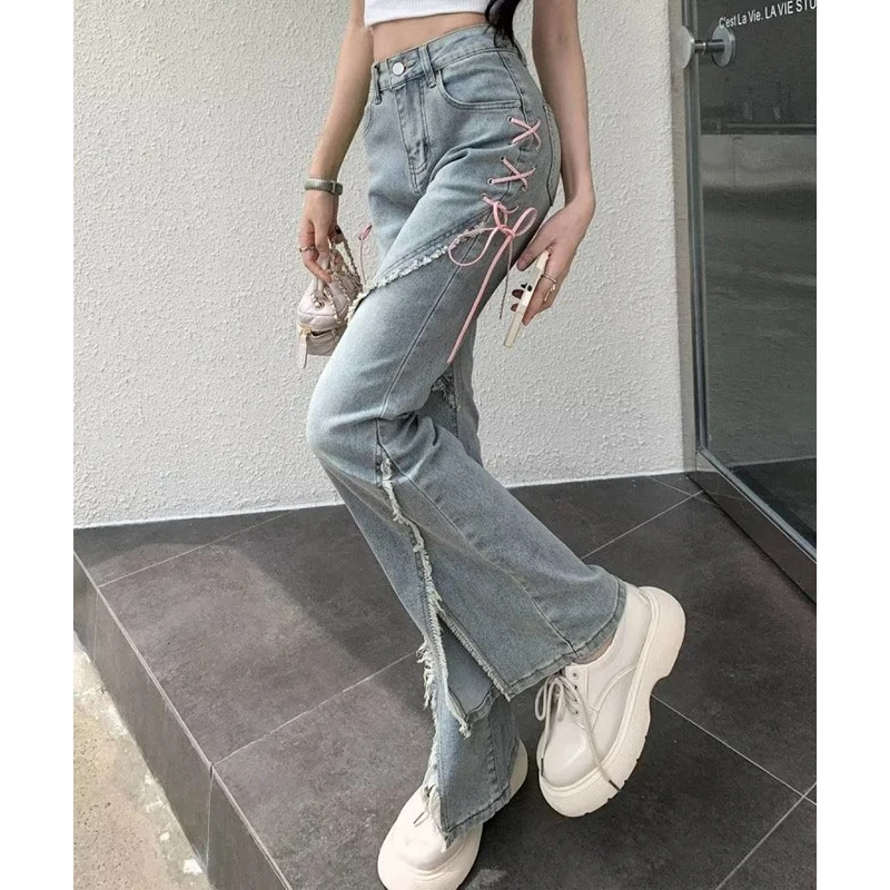 Gidyq Streetwear Women Jeans Korean Retro Tassel Split Flared Pants Casual All Match Female High Waist Straight Denim Trousers